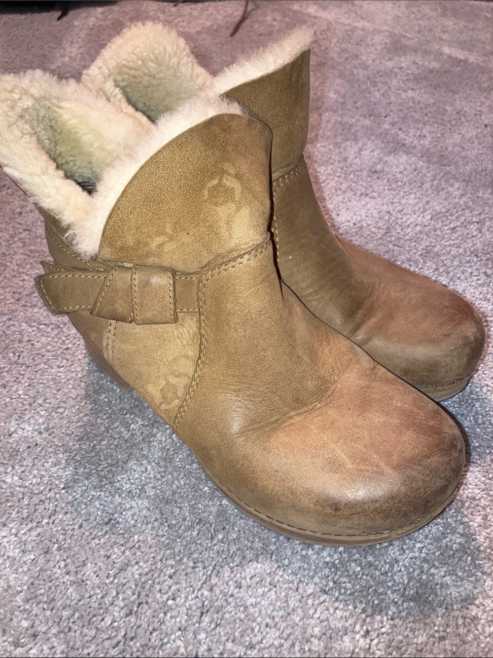 Dansko Tan Suede Shearling-Lined Ankle Wedge Boots